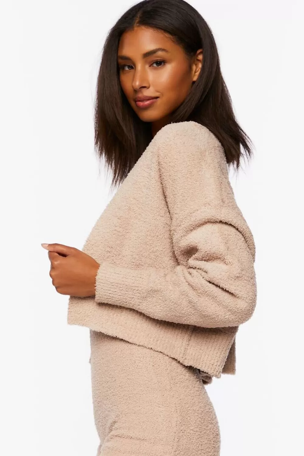 Matching Sets>Forever 21 Fuzzy Knit Cardigan Sweater Khaki