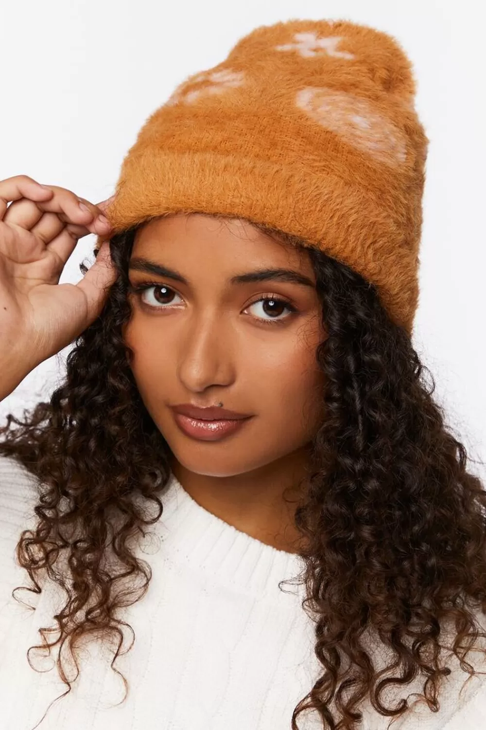 Hats + Beanies>Forever 21 Fuzzy Knit Floral Beanie Orange/Pink