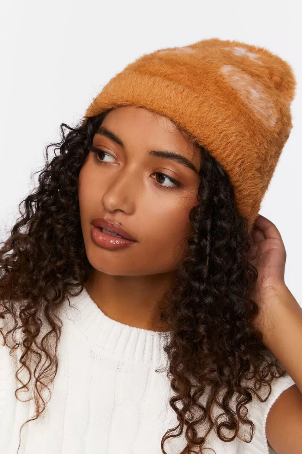 Hats + Beanies>Forever 21 Fuzzy Knit Floral Beanie Orange/Pink