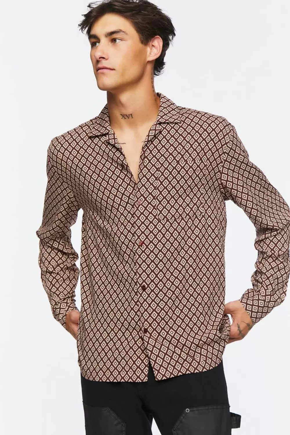 Shirts>Forever 21 Geo Print Long-Sleeve Shirt Brown/Multi