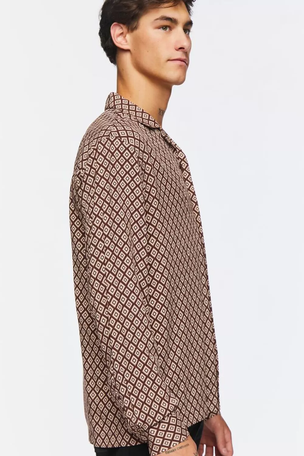 Shirts>Forever 21 Geo Print Long-Sleeve Shirt Brown/Multi