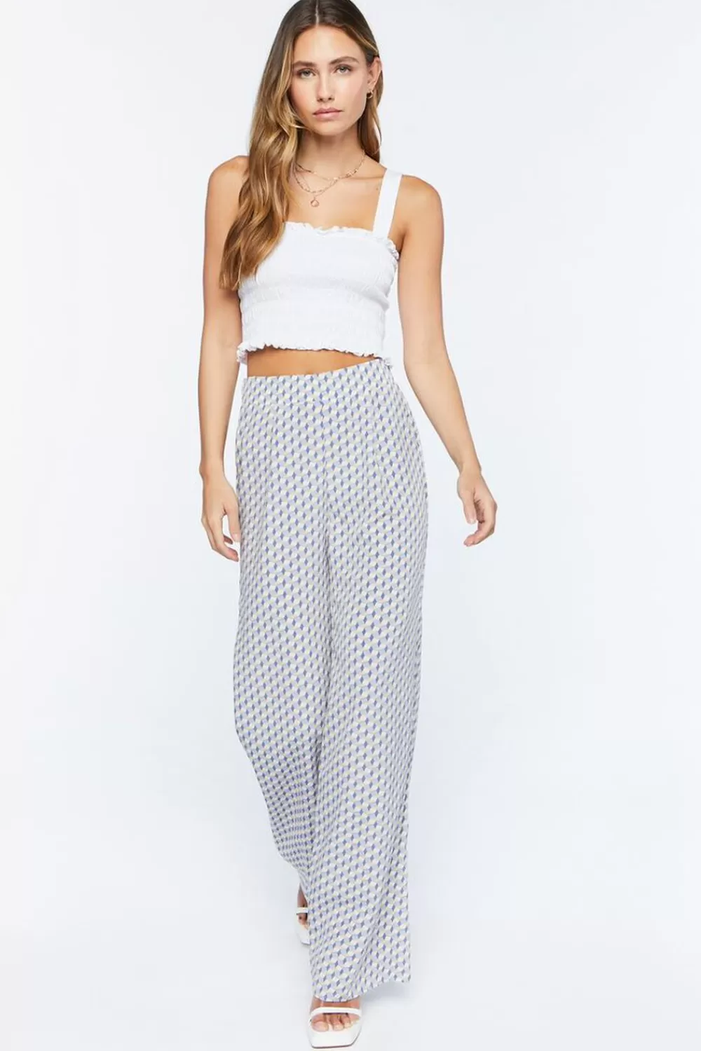 Bottoms>Forever 21 Geo Print Satin Straight-Leg Pants Blue/Multi
