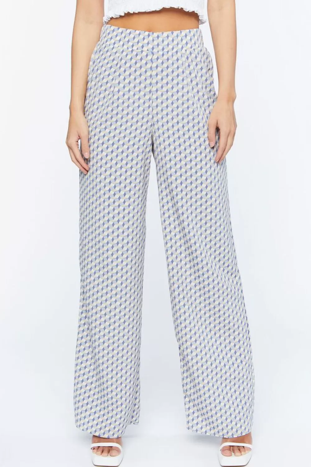 Bottoms>Forever 21 Geo Print Satin Straight-Leg Pants Blue/Multi