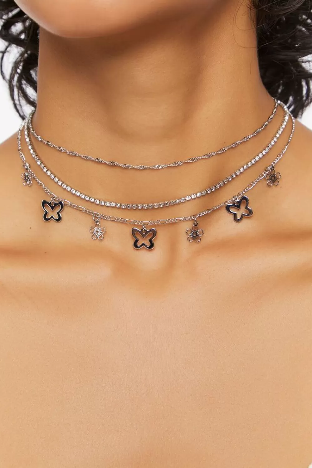 Accessories>Forever 21 Girls Butterfly Charm Necklace Set (Kids) Clear/Silver