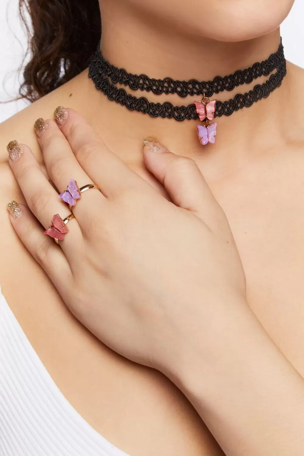 Accessories>Forever 21 Girls Butterfly Choker Necklace & Ring Set (Kids) Pink/Black
