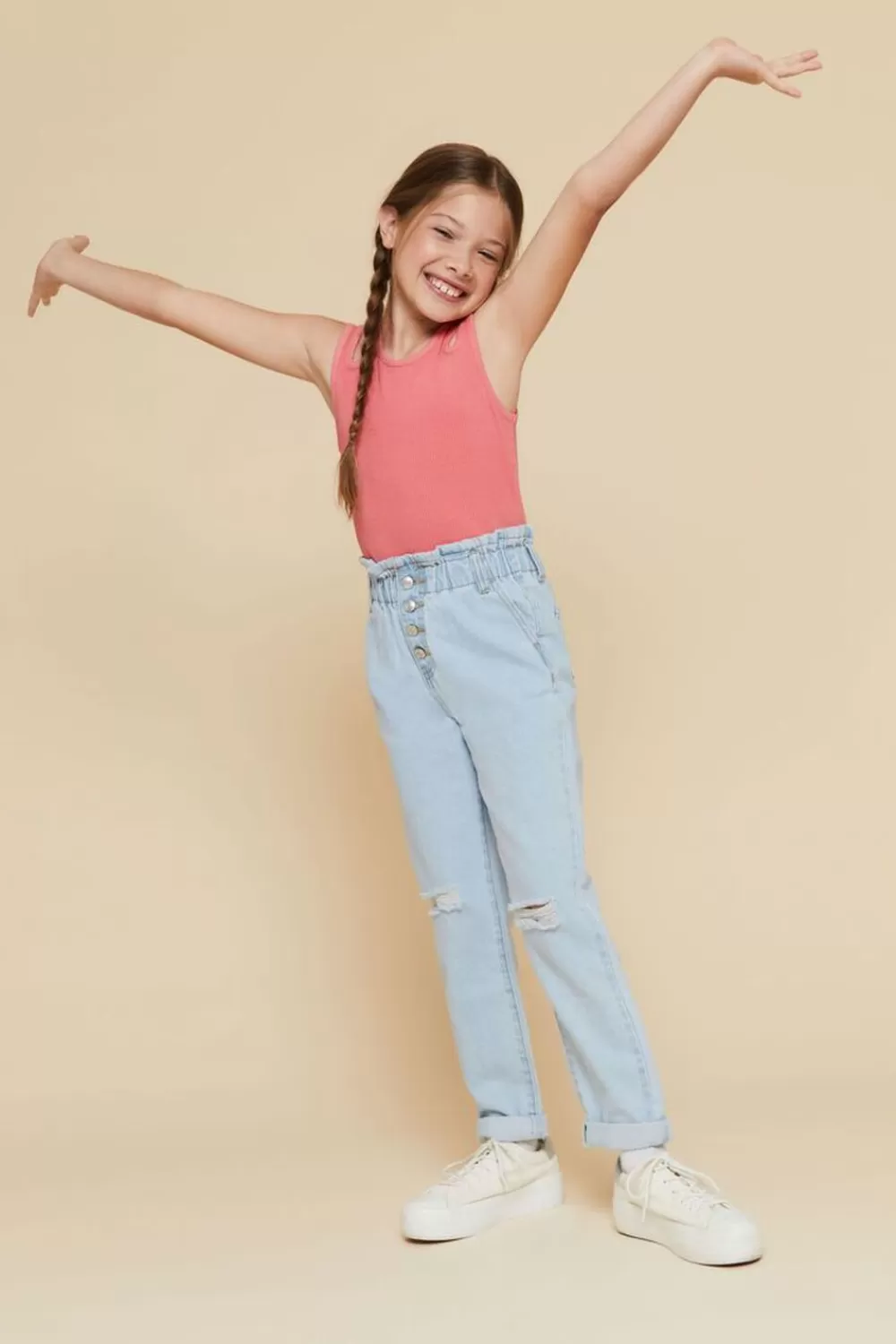 Bottoms>Forever 21 Girls Distressed Paperbag Jeans (Kids) Light Denim