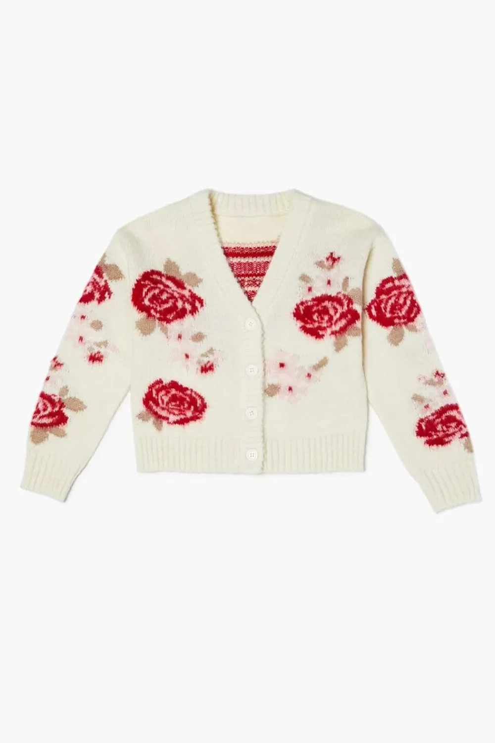 Sweaters + Cardigans>Forever 21 Girls Rose Print Cardigan Sweater (Kids) Cream/Multi