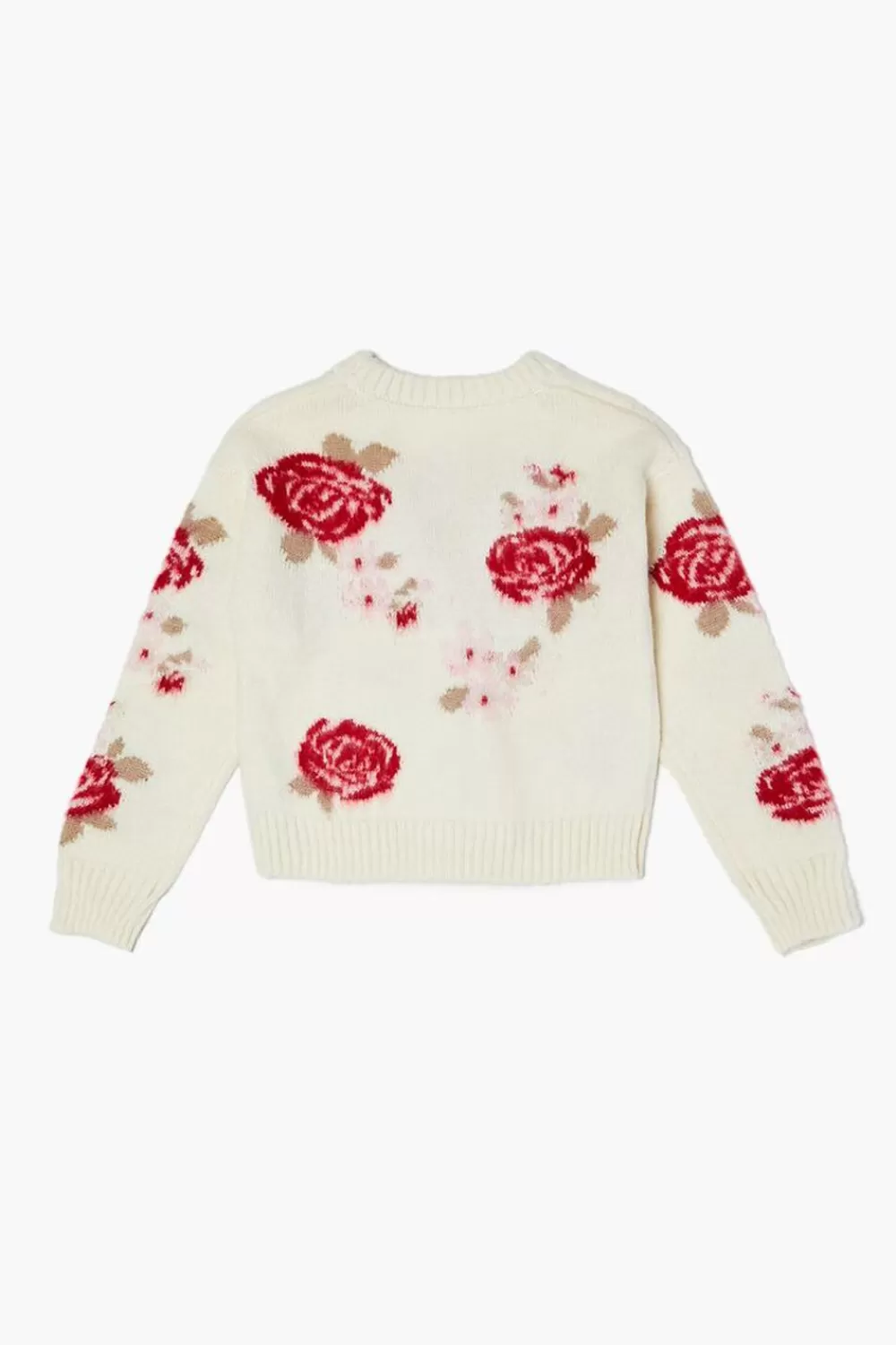 Sweaters + Cardigans>Forever 21 Girls Rose Print Cardigan Sweater (Kids) Cream/Multi