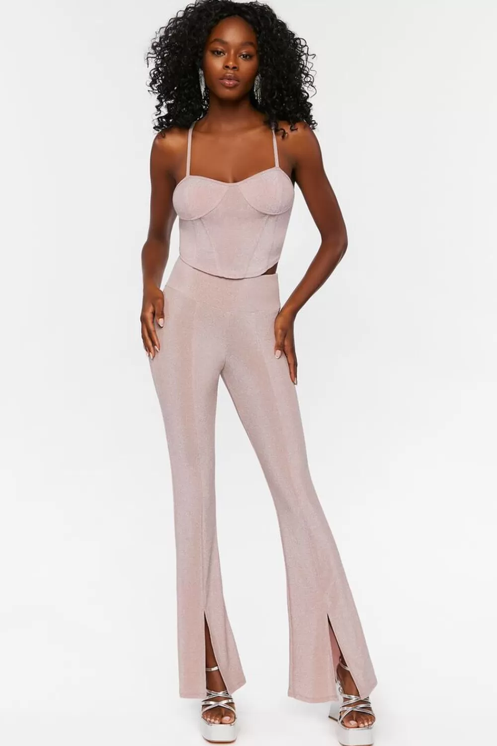 Matching Sets>Forever 21 Glitter Split-Hem Pants Dusty Pink