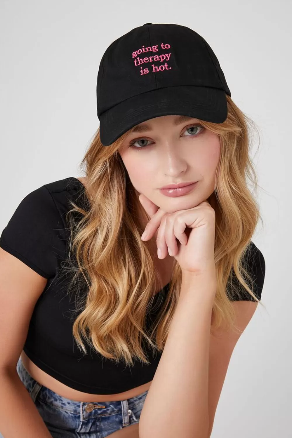 Hats + Beanies>Forever 21 Going To Therapy Is Hot Baseball Cap Black/Pink