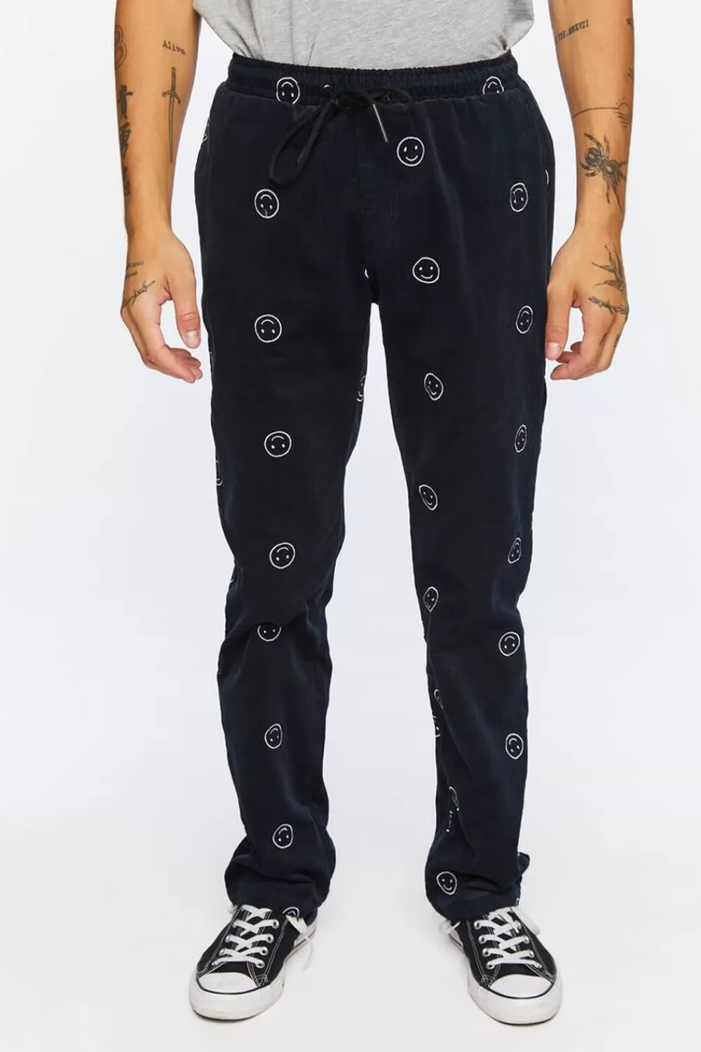 Bottoms>Forever 21 Happy Face Corduroy Drawstring Pants Navy
