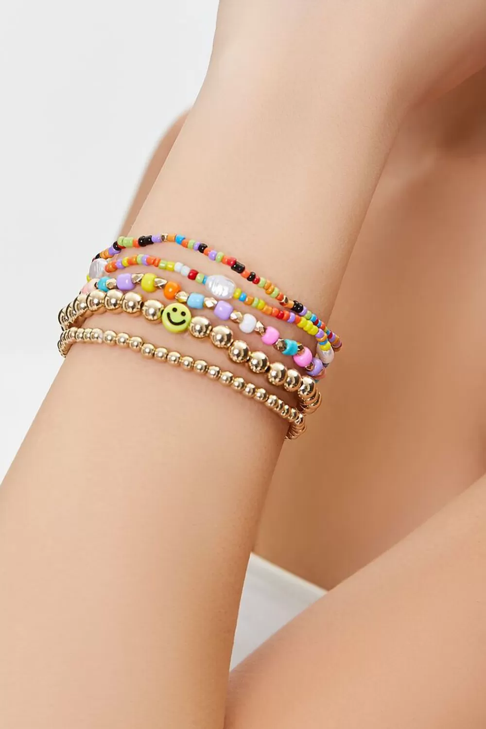 Bracelets>Forever 21 Happy Face Stretch-Bracelet Set Gold/Multi