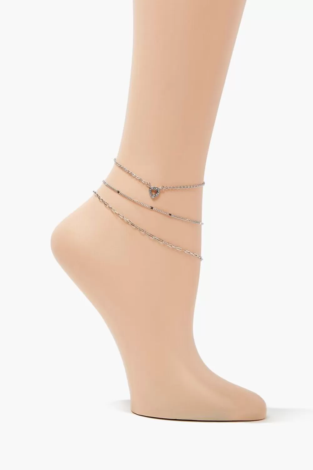 Body Jewelry>Forever 21 Heart Charm Chain Anklet Set Silver/Clear