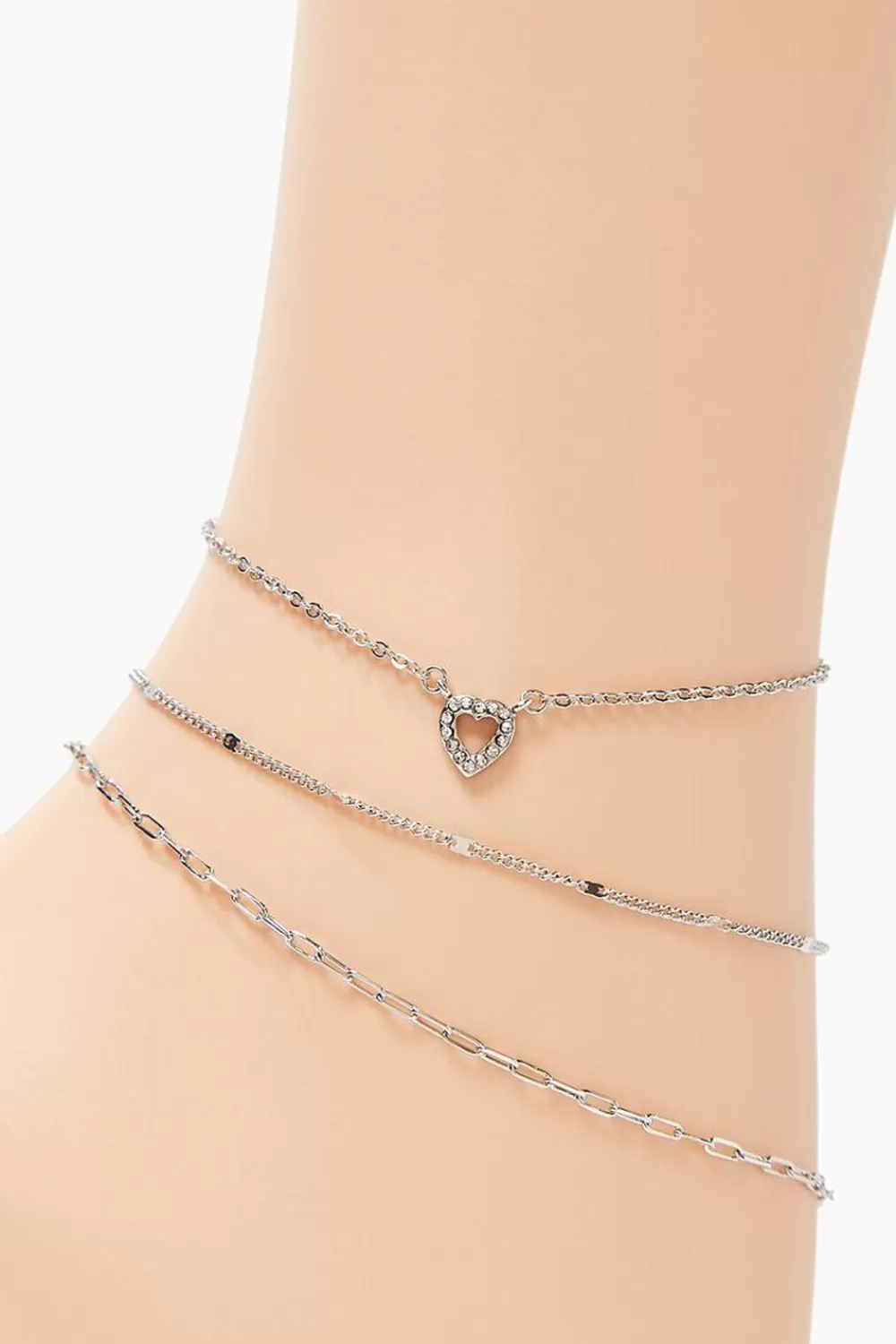 Body Jewelry>Forever 21 Heart Charm Chain Anklet Set Silver/Clear