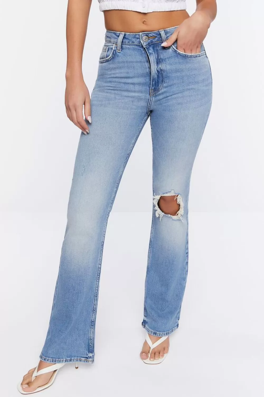 Bottoms>Forever 21 Hemp 10% Distressed Flare Jeans Light Denim
