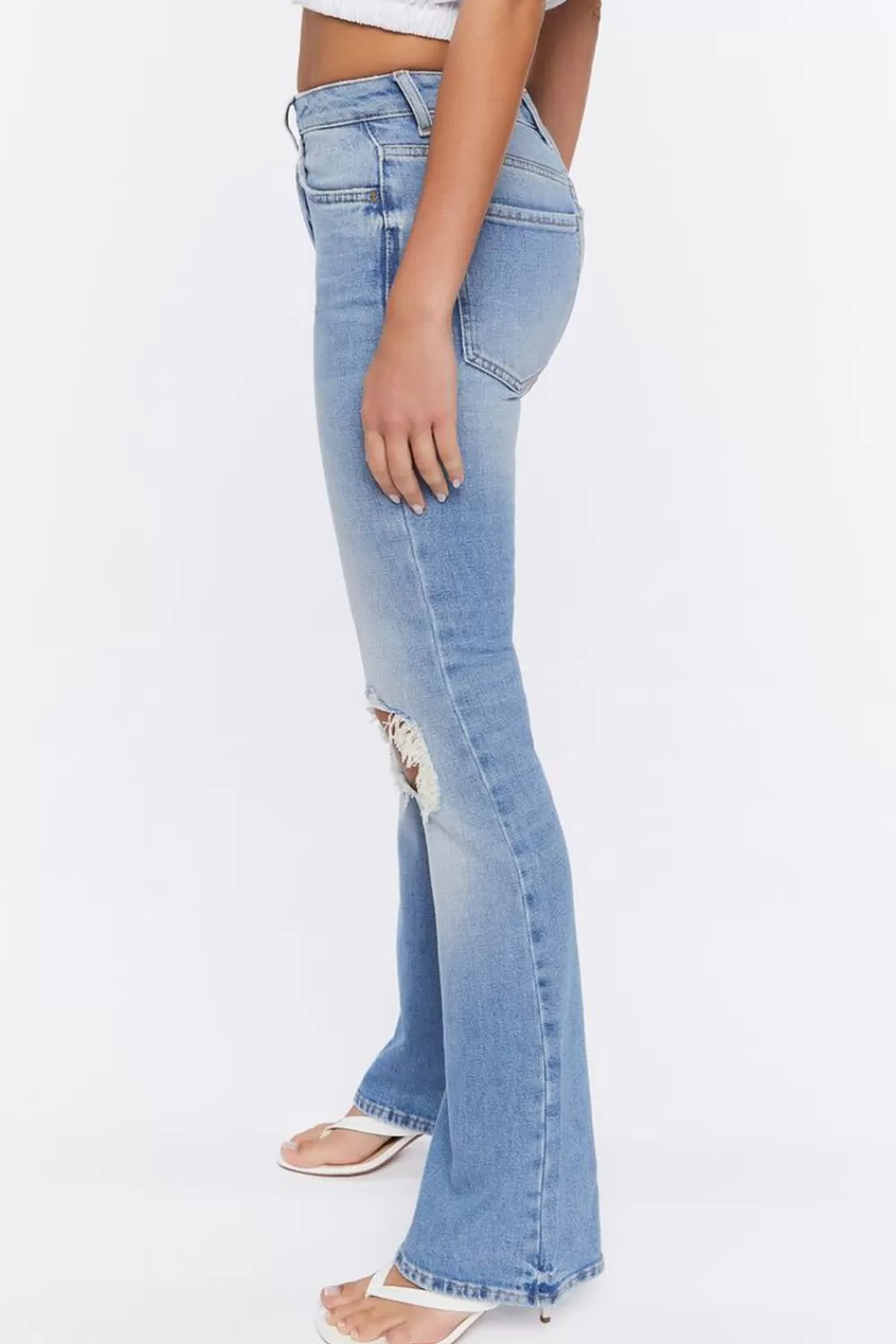 Bottoms>Forever 21 Hemp 10% Distressed Flare Jeans Light Denim
