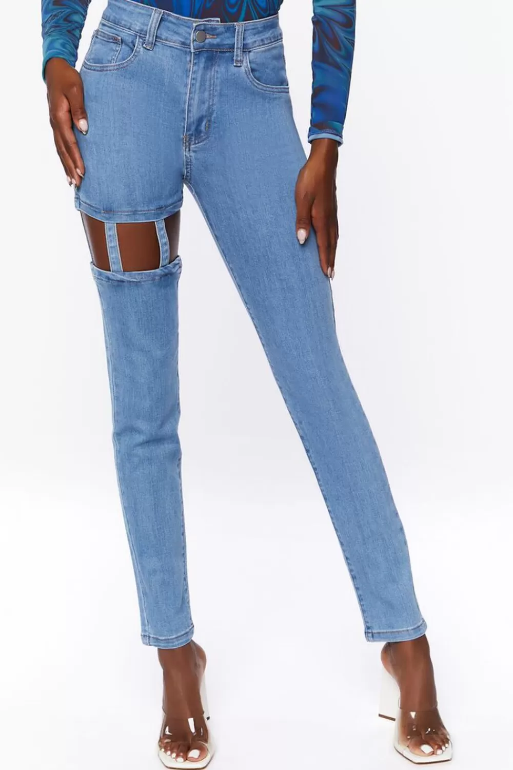 Bottoms>Forever 21 High-Rise Cutout Jeans Light Denim
