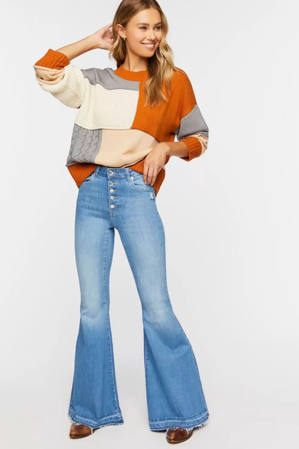 Bottoms>Forever 21 High-Rise Flare Jeans Light Denim