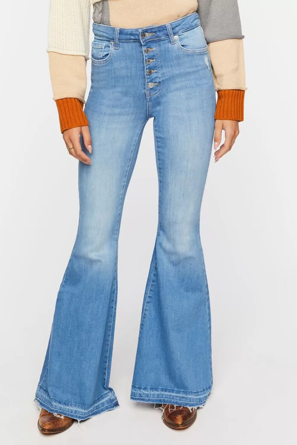 Bottoms>Forever 21 High-Rise Flare Jeans Light Denim