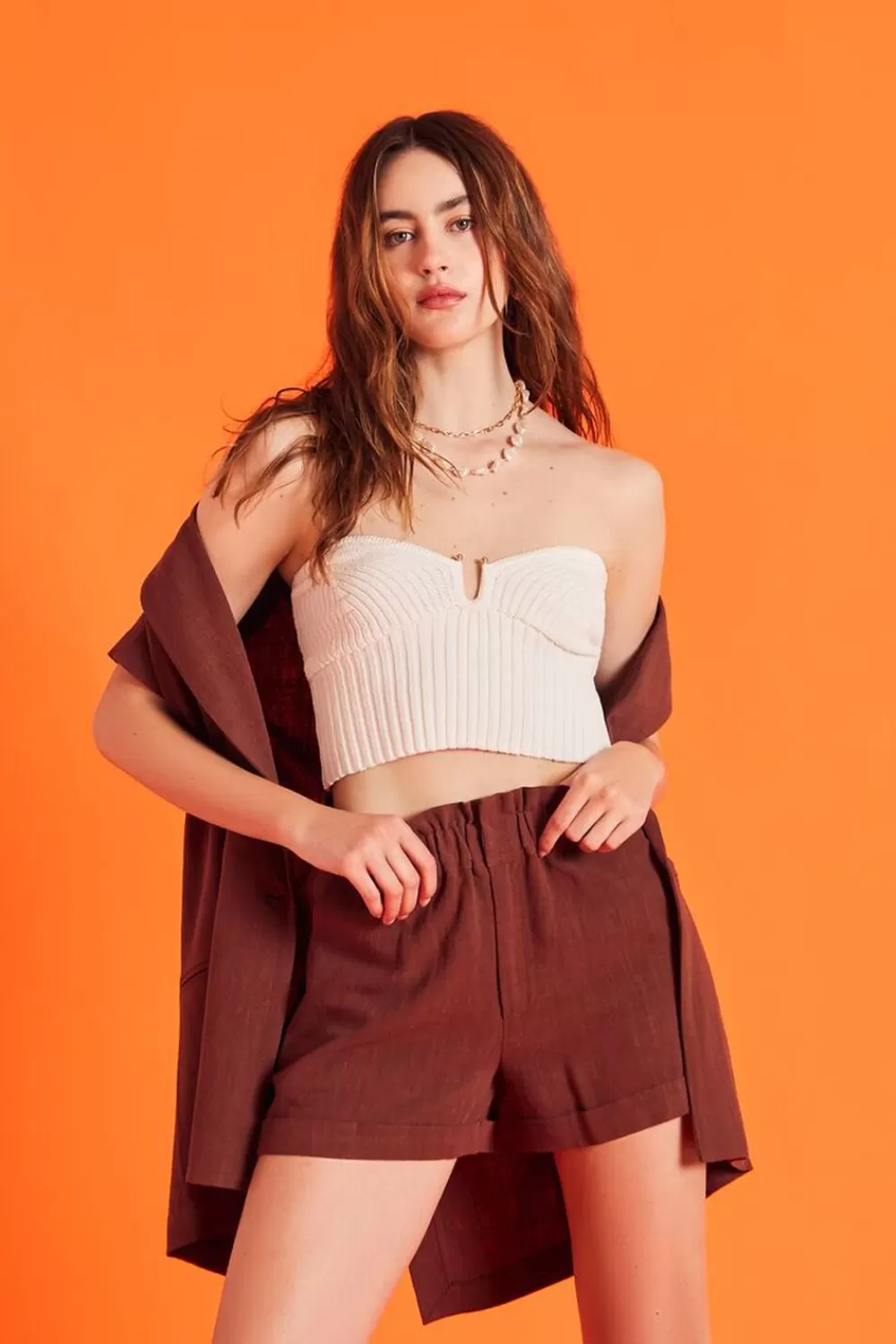 Matching Sets>Forever 21 High-Rise Paperbag Shorts Almond
