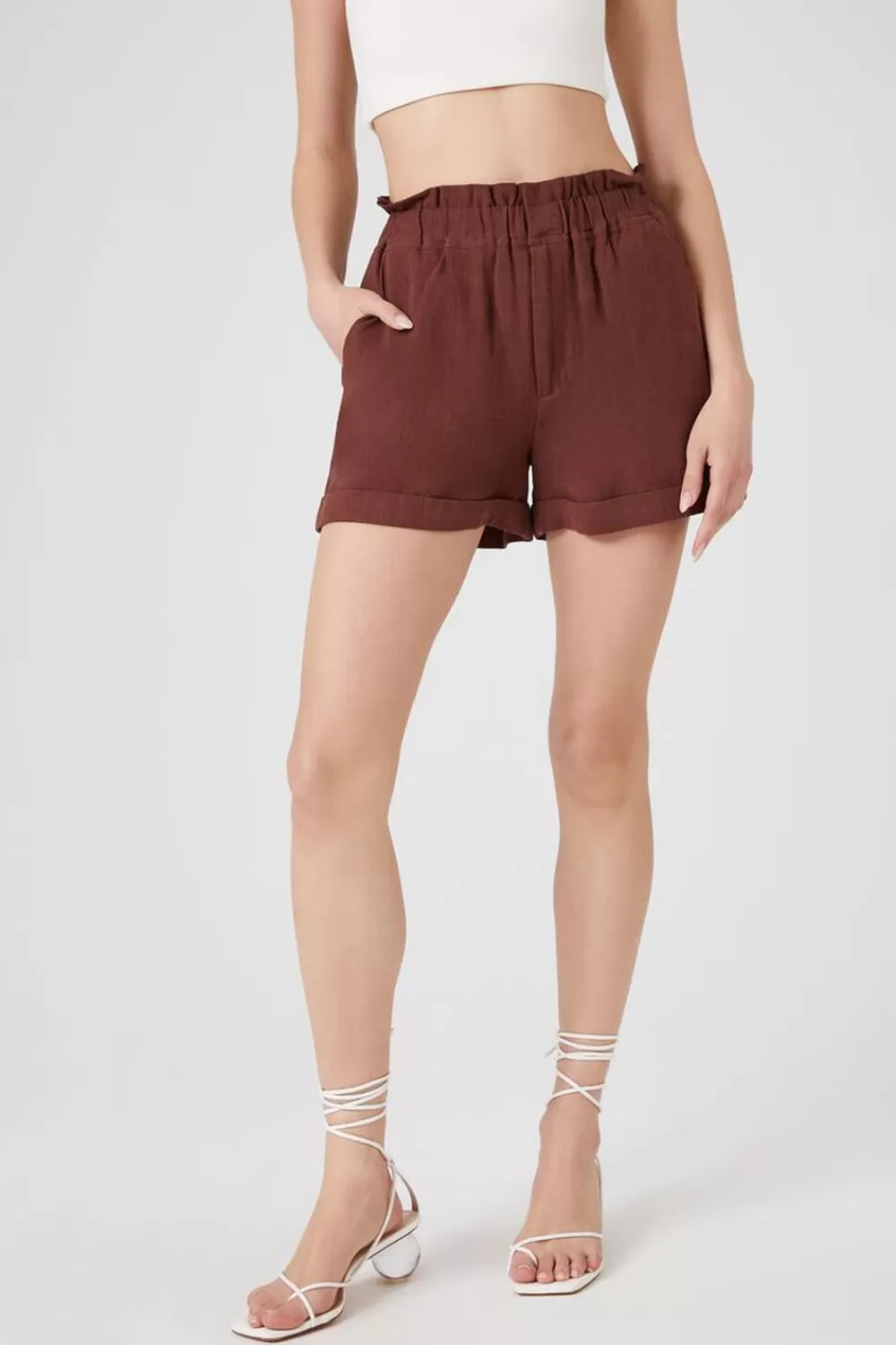 Matching Sets>Forever 21 High-Rise Paperbag Shorts Almond