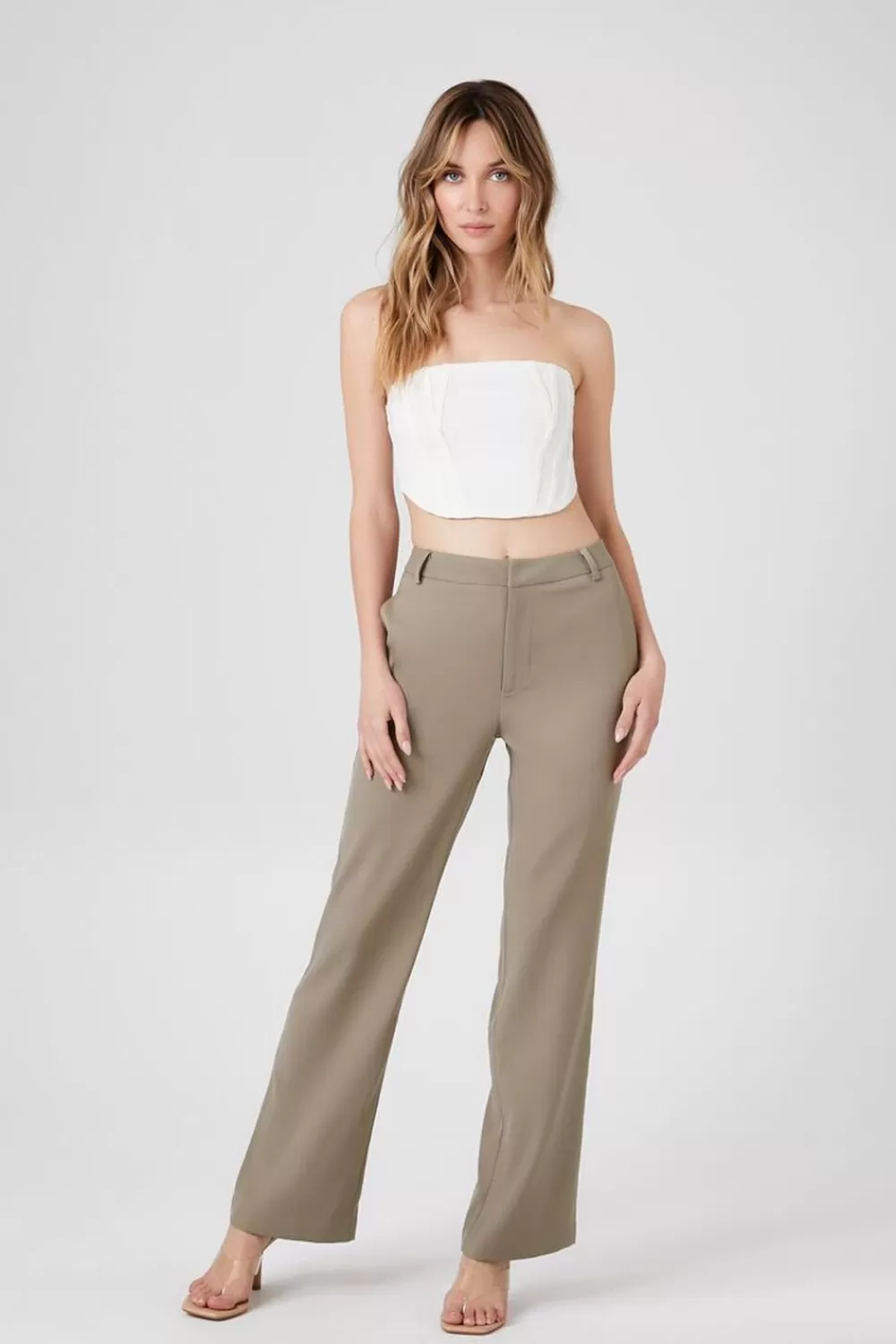 Bottoms>Forever 21 High-Rise Straight-Leg Trousers Grey