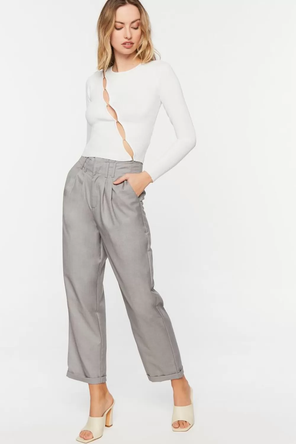 Bottoms>Forever 21 High-Rise Straight-Leg Trousers Grey
