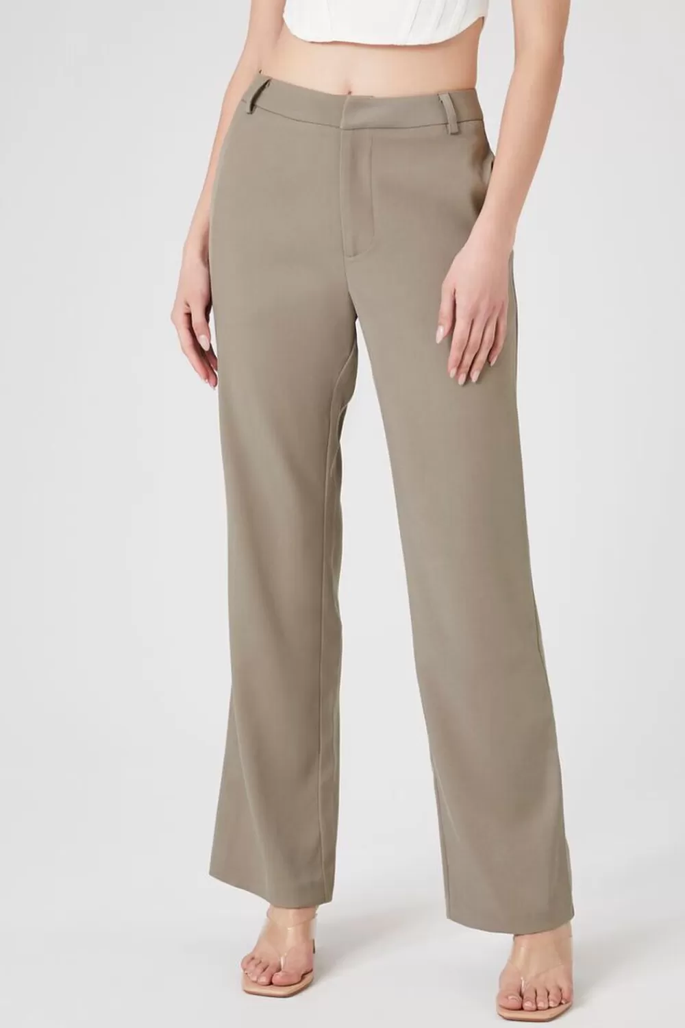 Bottoms>Forever 21 High-Rise Straight-Leg Trousers Grey