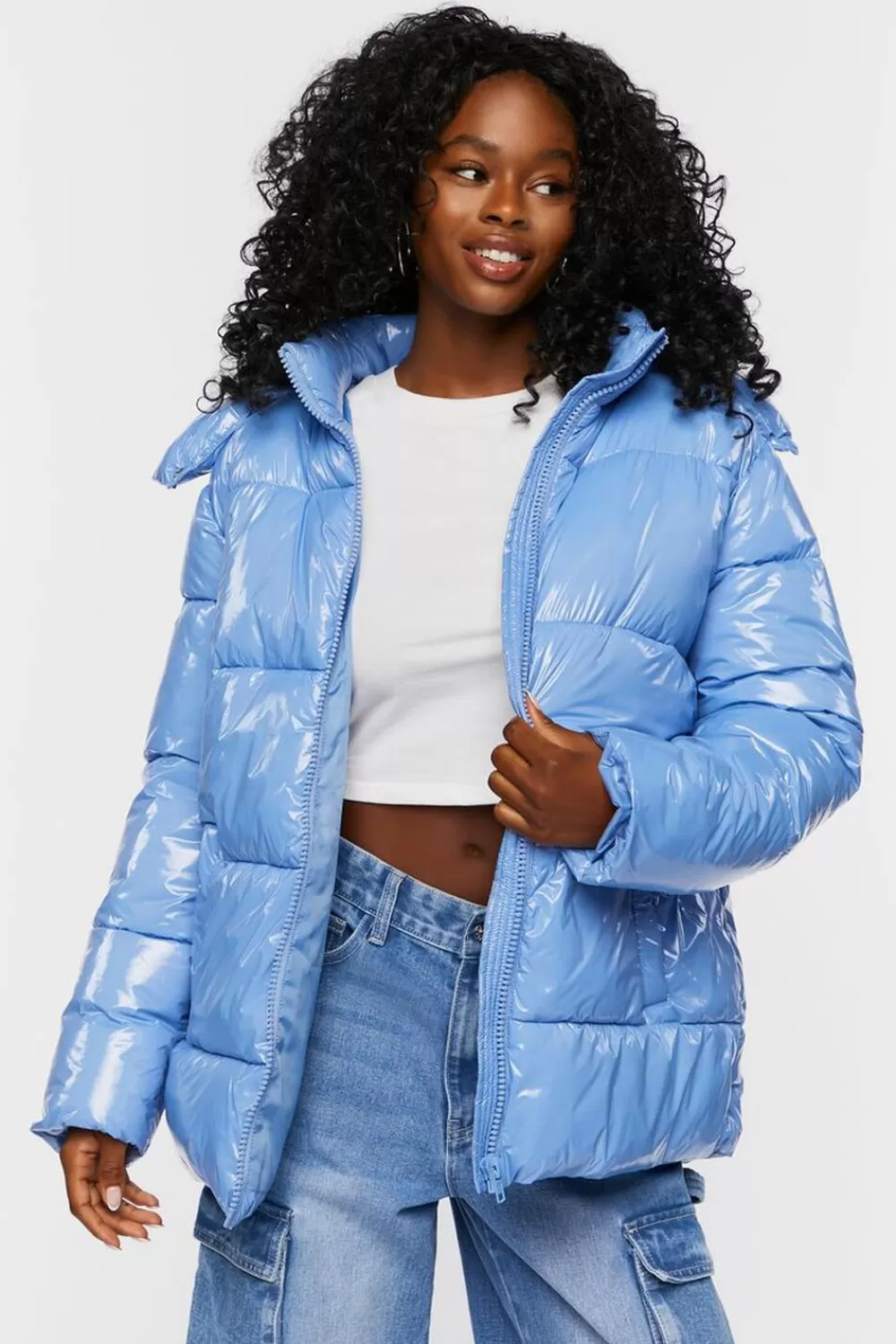 Jackets + Outerwear>Forever 21 Hooded Puffer Jacket Sky Blue
