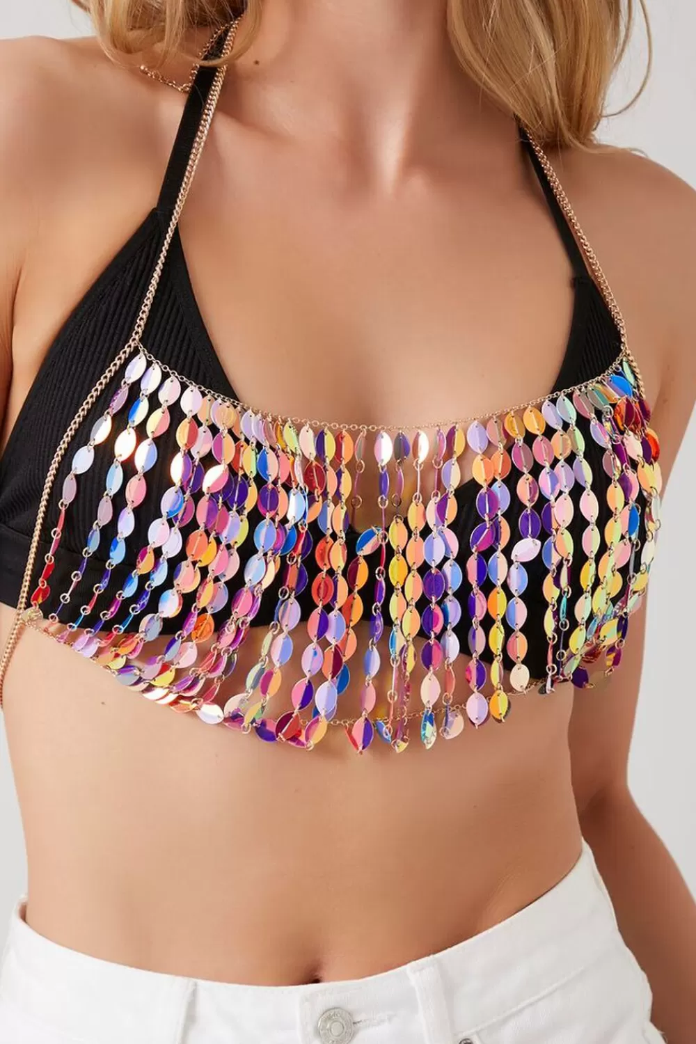 Body Jewelry>Forever 21 Iridescent Disc Halter Bralette Gold/Multi