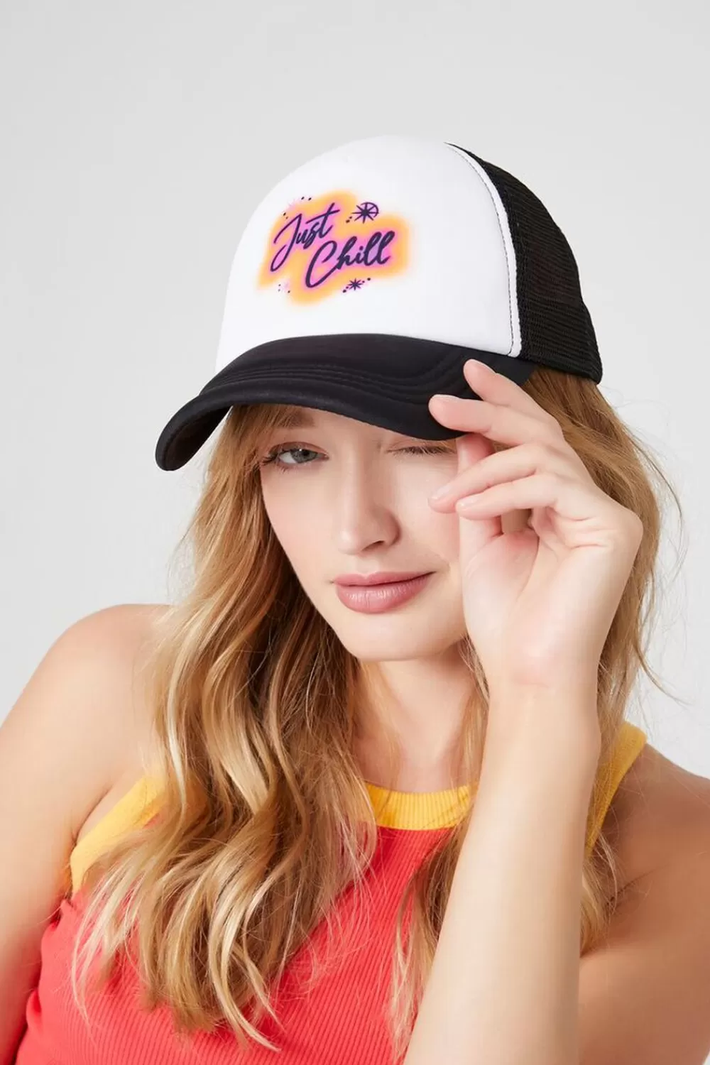Hats + Beanies>Forever 21 Just Chill Graphic Trucker Cap Black/Multi