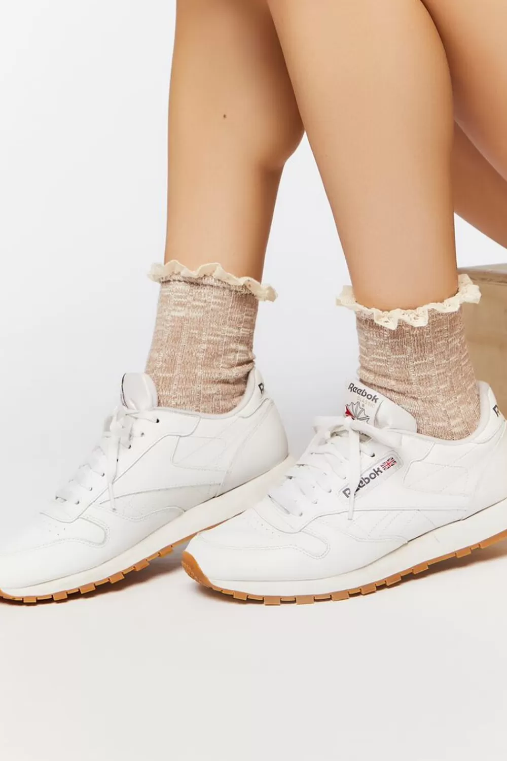 Socks + Tights>Forever 21 Lace-Trim Marled Crew Socks Tan/Multi