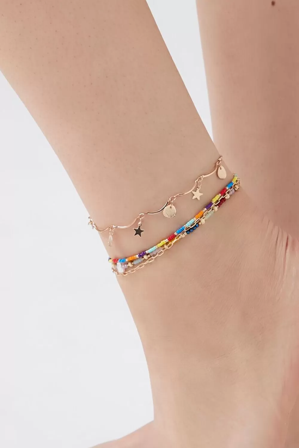 Body Jewelry>Forever 21 Layered Beaded Charm Anklet Set Gold/Multi