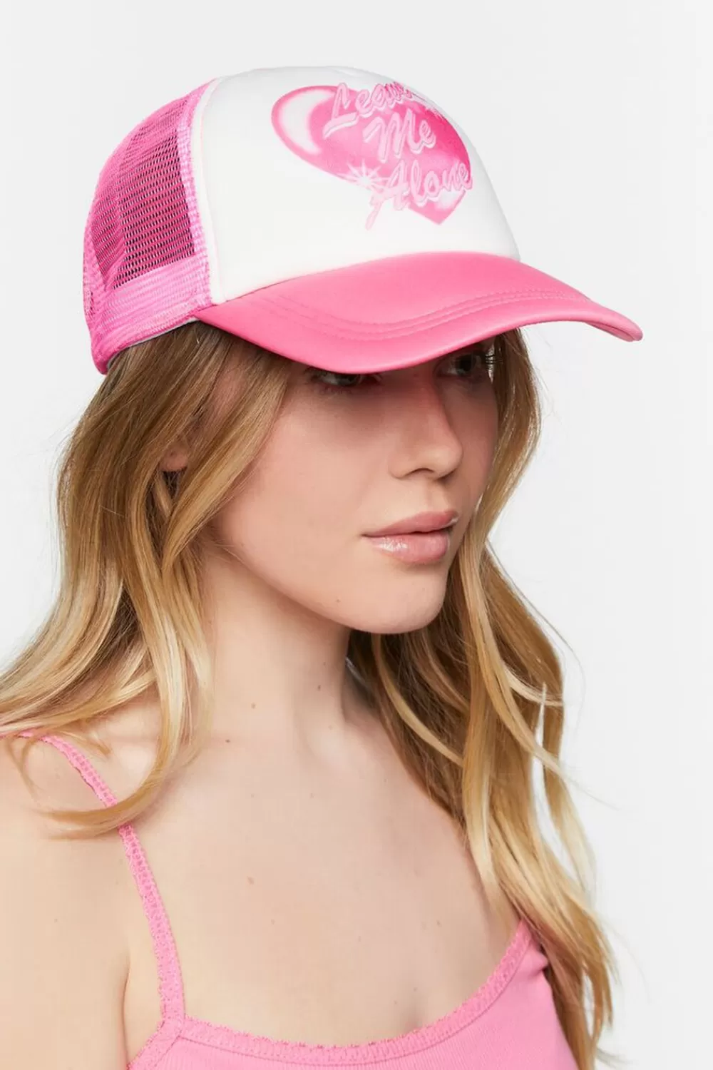 Hats + Beanies>Forever 21 Leave Me Alone Graphic Trucker Hat Pink/Multi