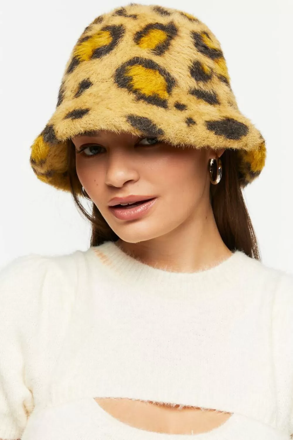 Hats + Beanies>Forever 21 Leopard Print Faux Fur Bucket Hat Black/Brown