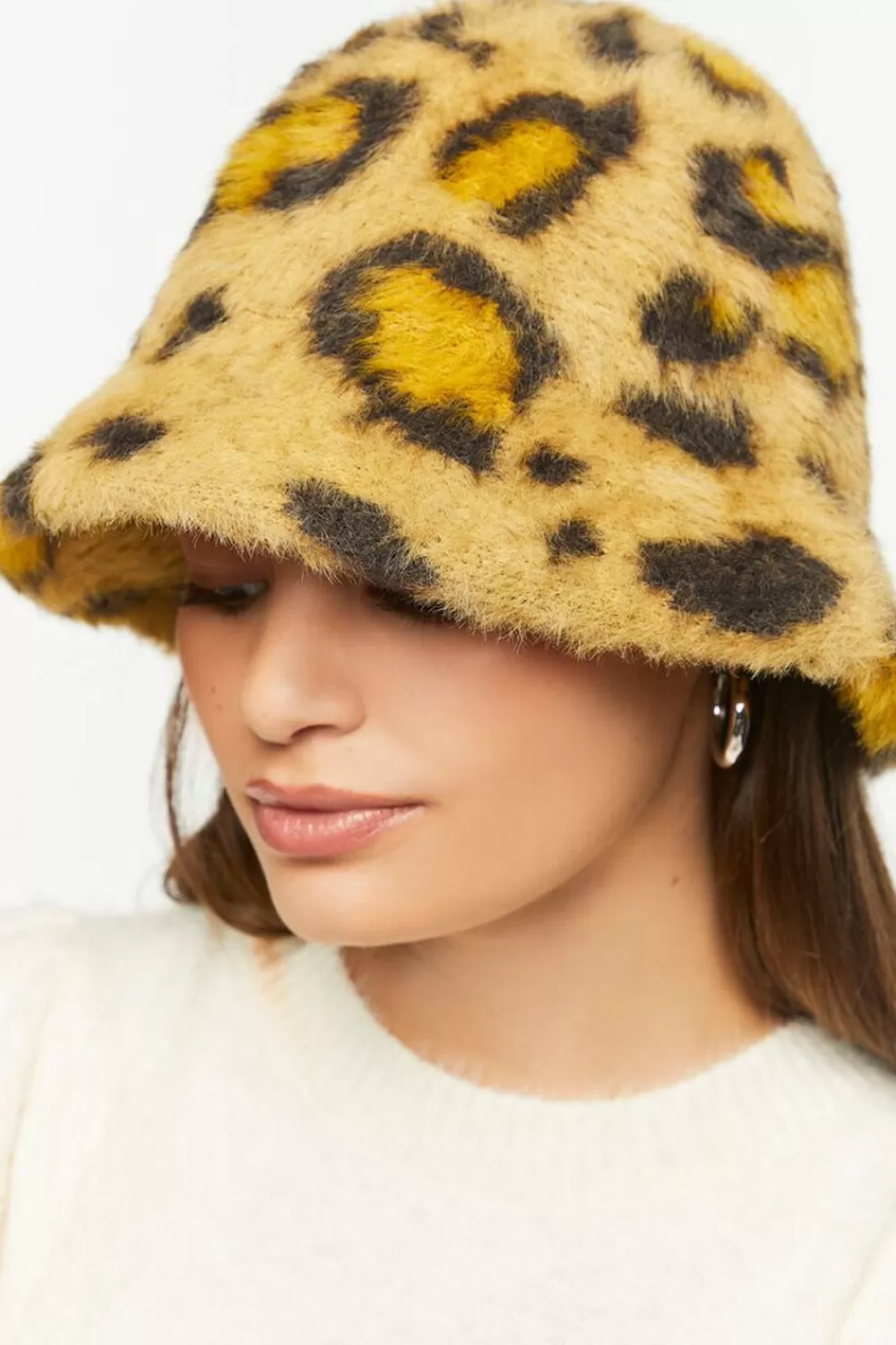 Hats + Beanies>Forever 21 Leopard Print Faux Fur Bucket Hat Black/Brown