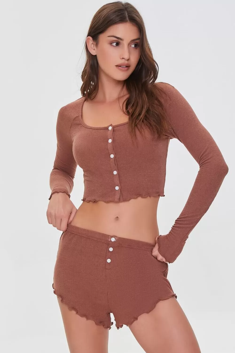 Matching Sets>Forever 21 Lettuce-Edge Lounge Shorts Root Beer