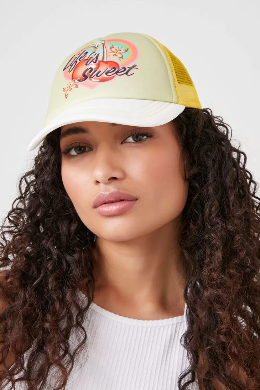 Hats + Beanies>Forever 21 Life Is Sweet Graphic Trucker Hat Yellow/Multi