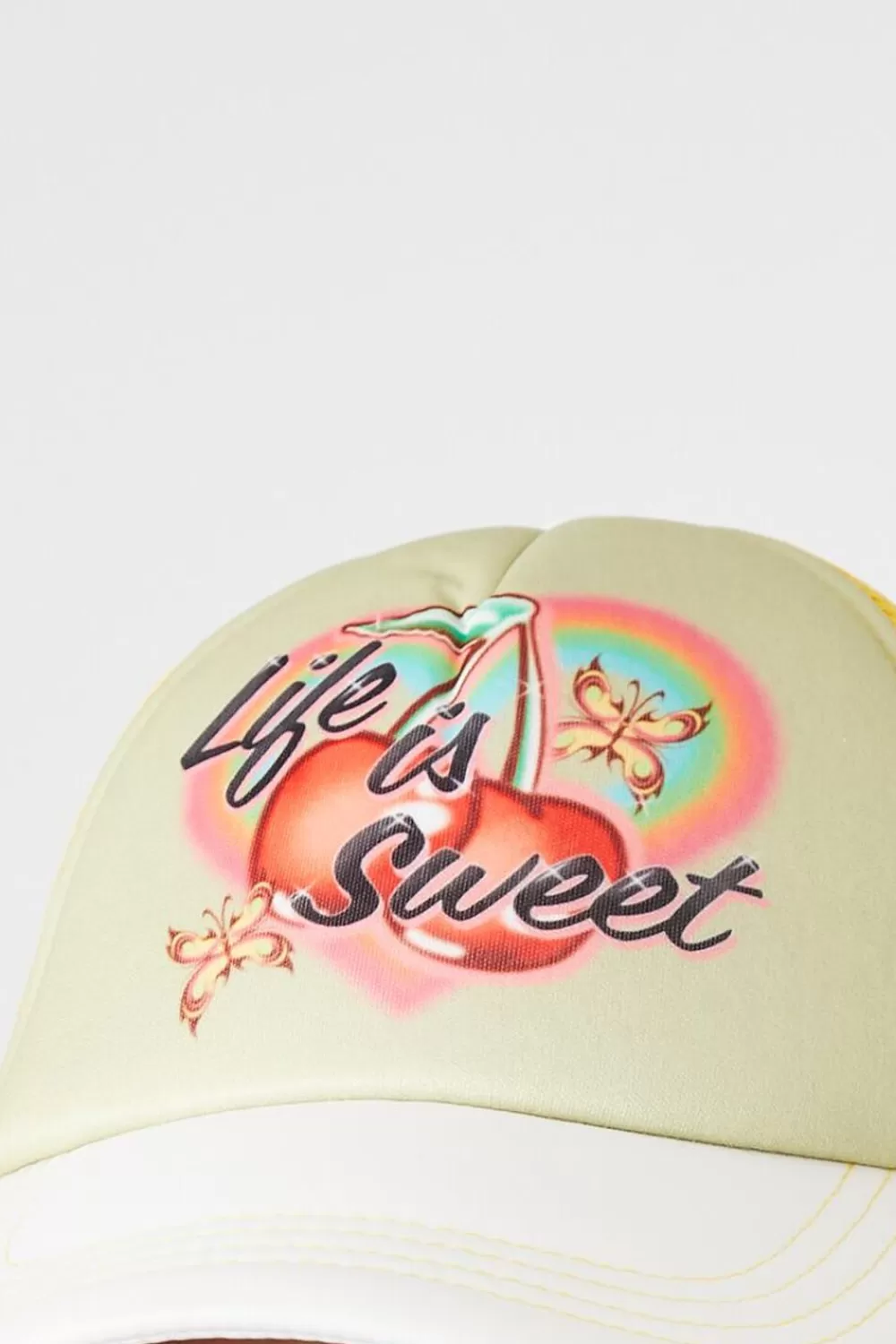 Hats + Beanies>Forever 21 Life Is Sweet Graphic Trucker Hat Yellow/Multi