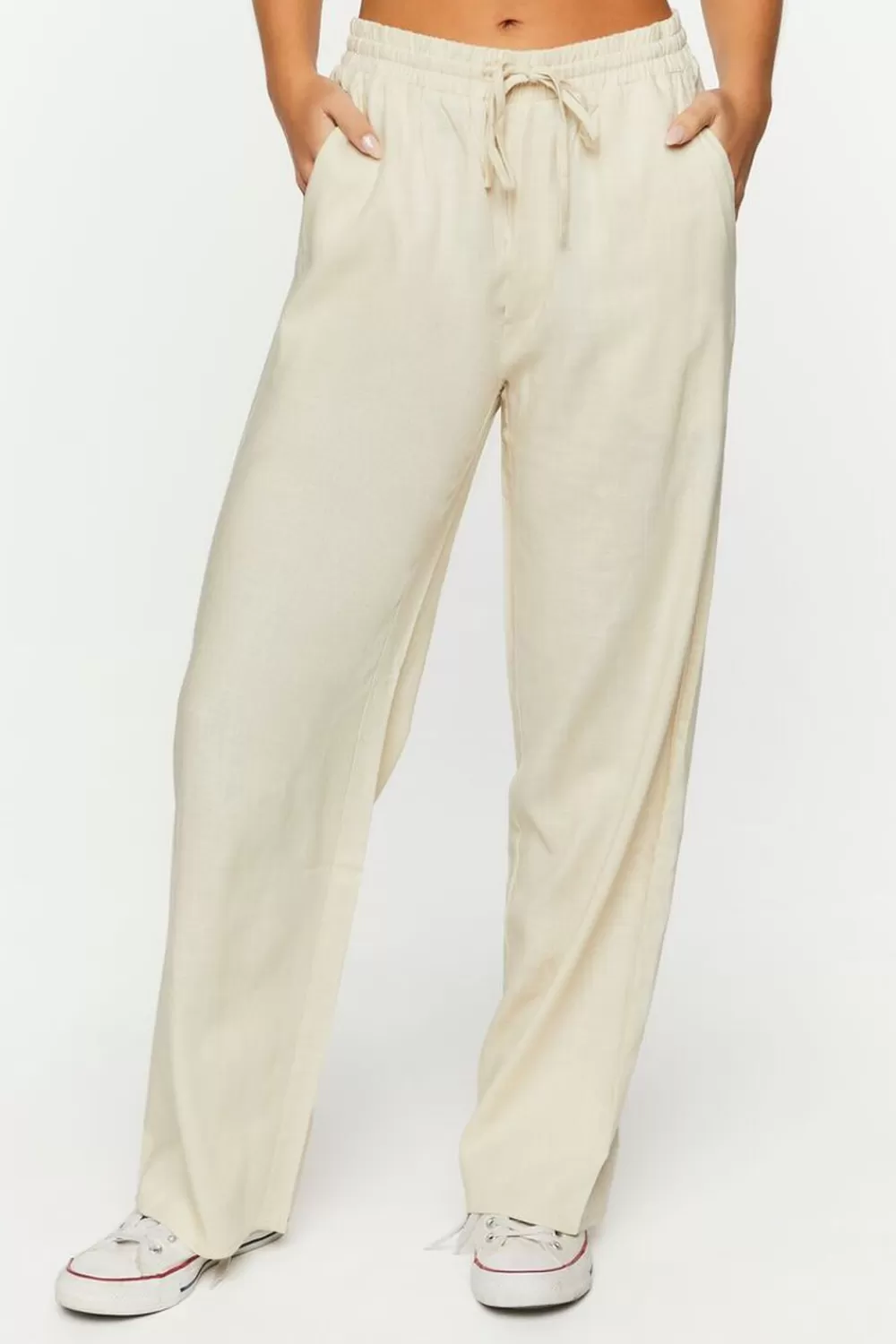 Bottoms>Forever 21 Linen-Blend Mid-Rise Pants Khaki