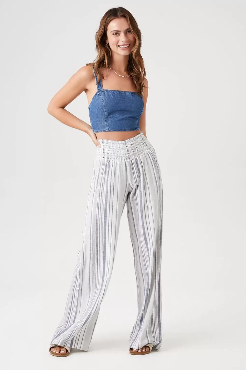 Bottoms>Forever 21 Linen-Blend Striped Pants Blue/Multi