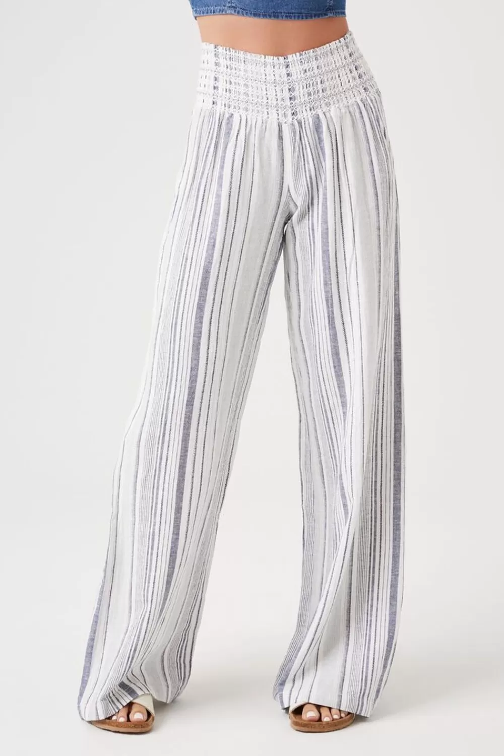Bottoms>Forever 21 Linen-Blend Striped Pants Blue/Multi