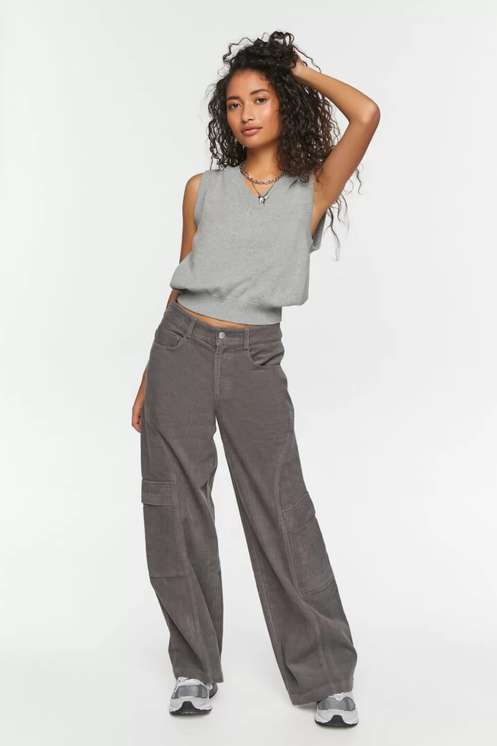 Bottoms>Forever 21 Low-Rise Wide-Leg Corduroy Pants Charcoal