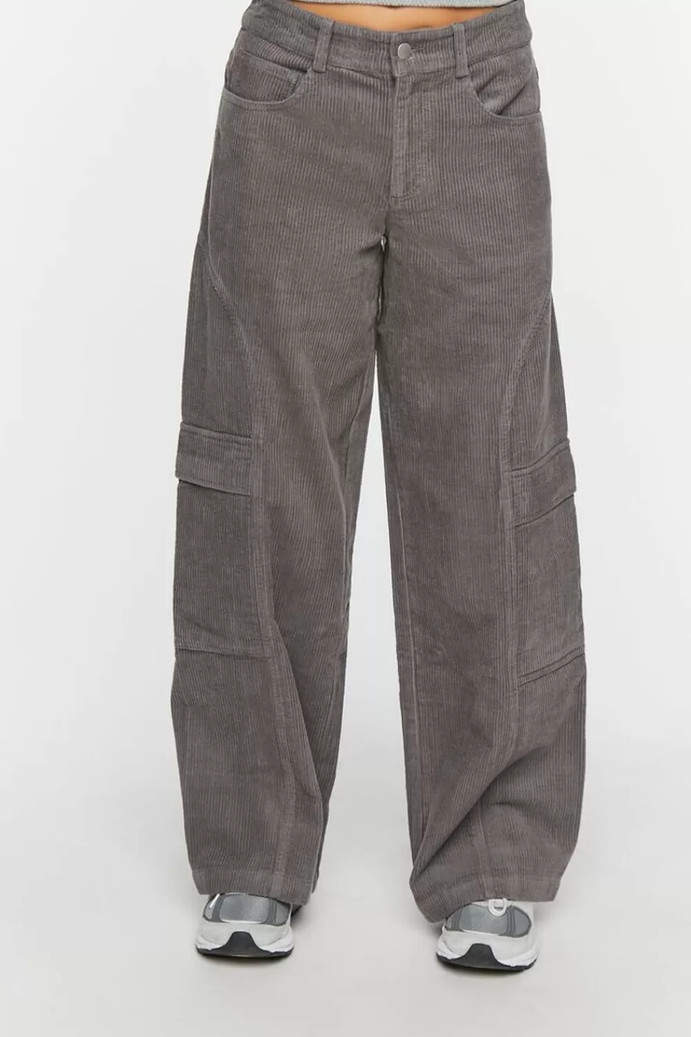 Bottoms>Forever 21 Low-Rise Wide-Leg Corduroy Pants Charcoal
