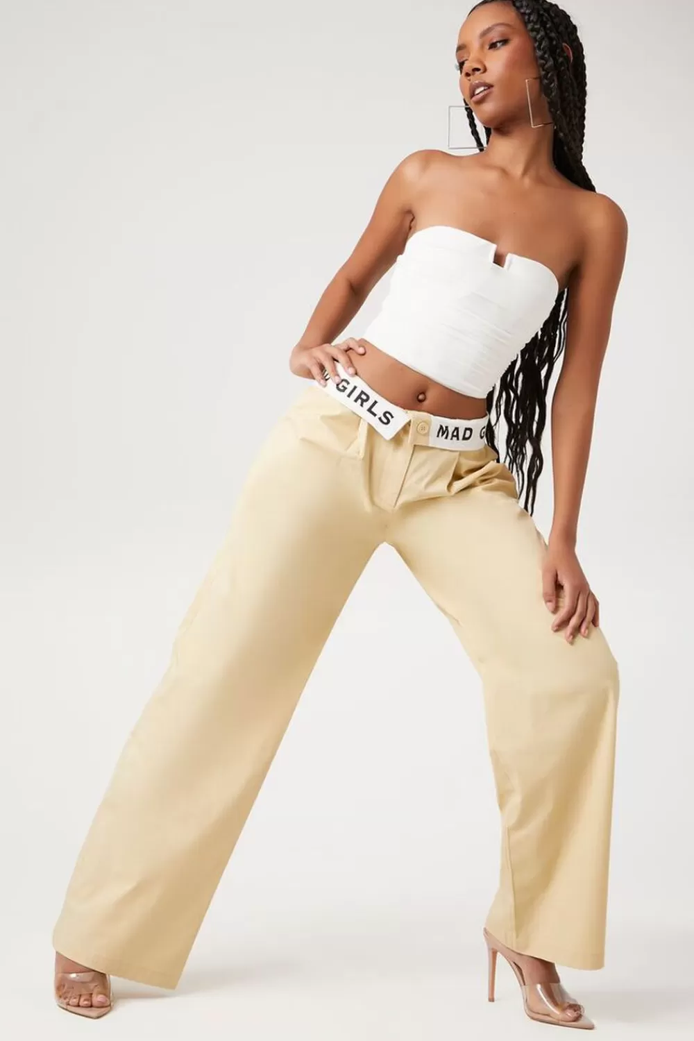 Bottoms>Forever 21 Mad Girls Graphic Wide-Leg Pants Khaki