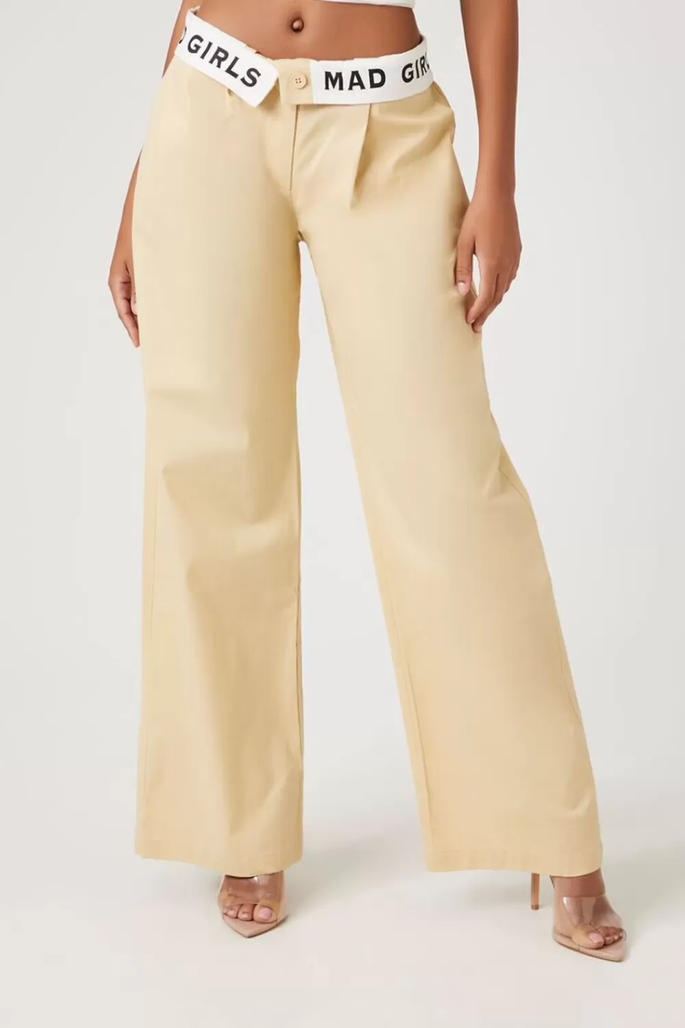 Bottoms>Forever 21 Mad Girls Graphic Wide-Leg Pants Khaki