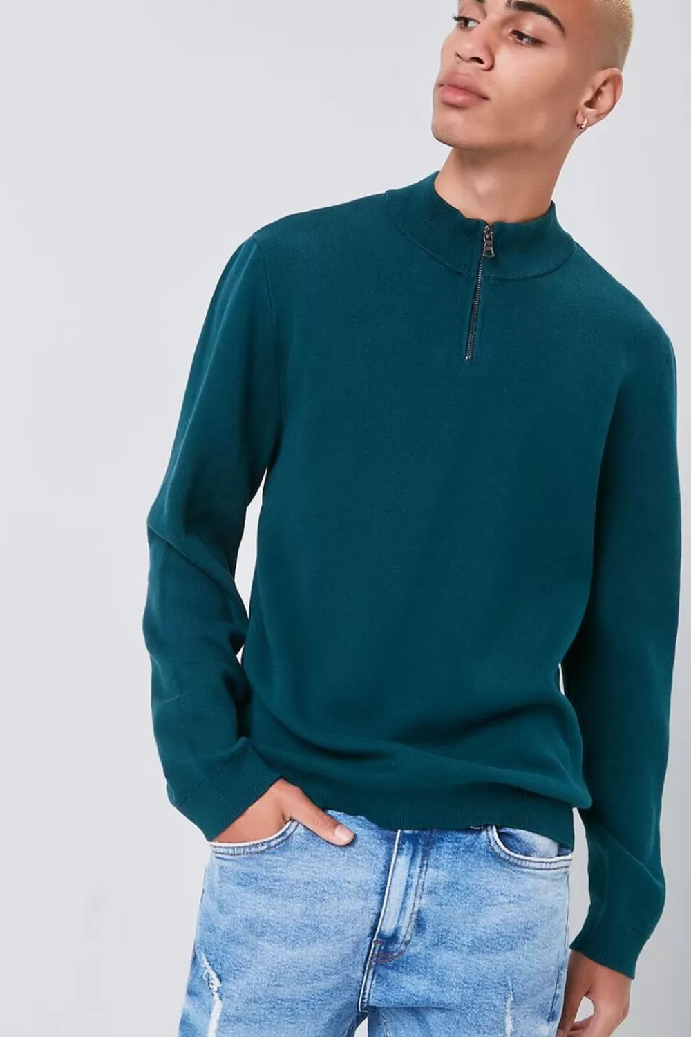 Hoodies + Sweatshirts>Forever 21 Marled Knit Half-Zip Sweater Green