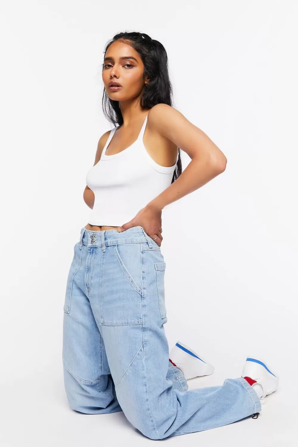 Bottoms>Forever 21 Mid-Rise Denim Joggers Light Denim