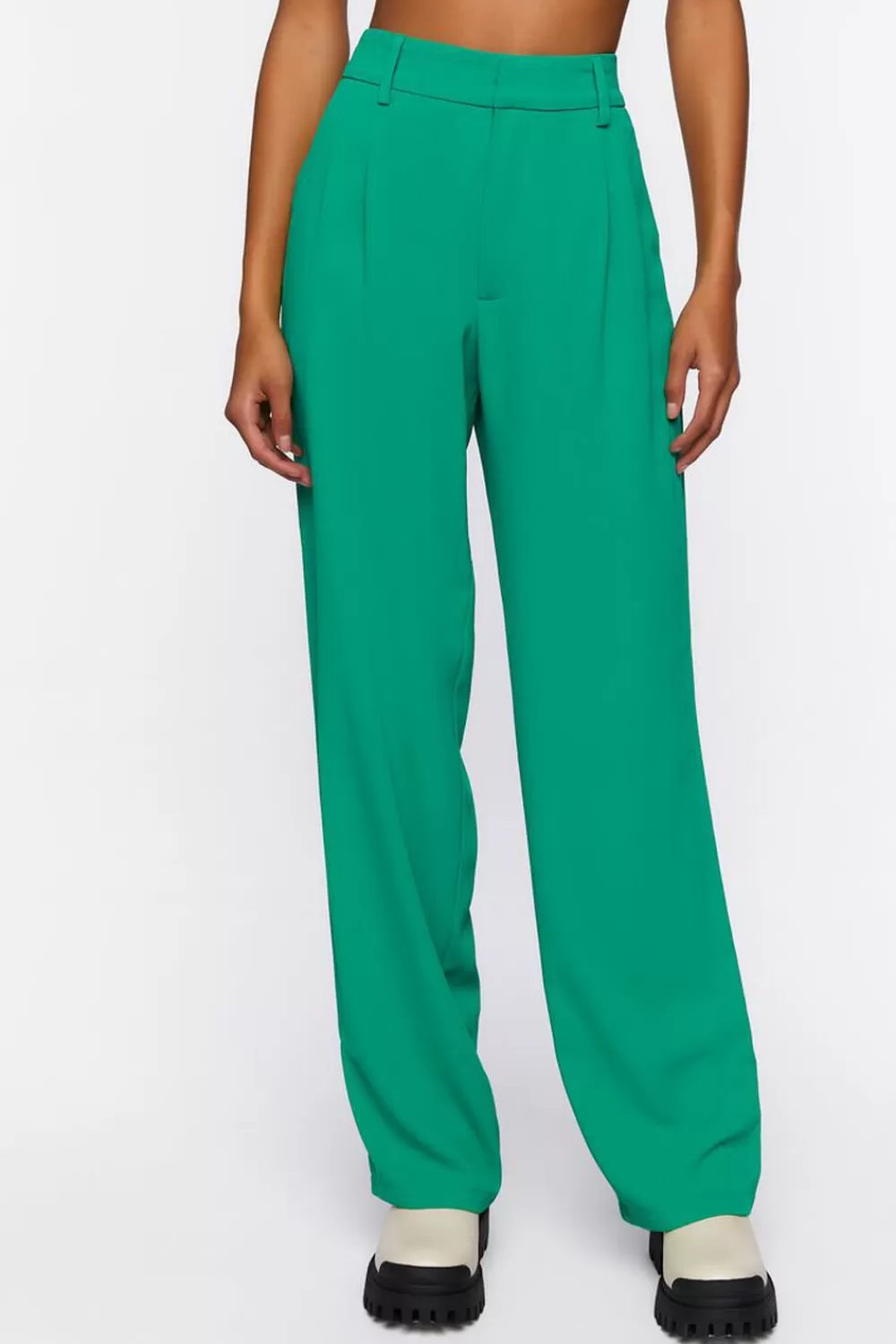 Bottoms>Forever 21 Mid-Rise Straight-Leg Trousers Green