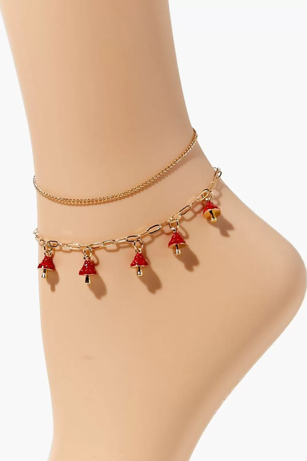 Body Jewelry>Forever 21 Mushroom Charm Anklet Set Gold/Red